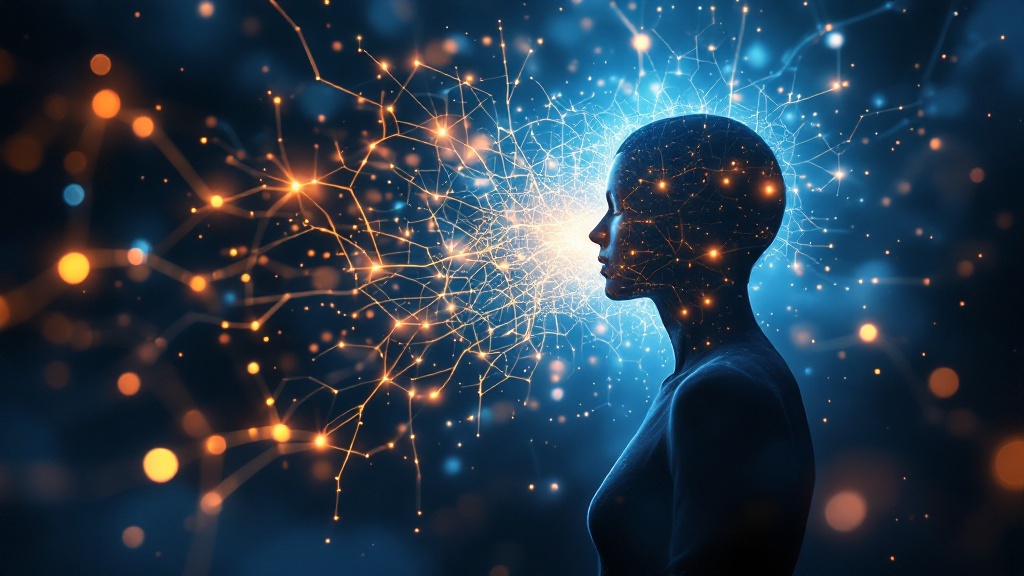 Glowing neural network intertwined with flowing words forming a human silhouette, representing neuro-linguistic programming