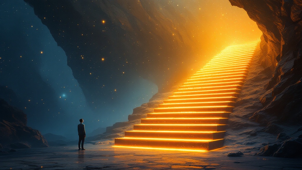 Figure at the base of a glowing staircase of light representing a beginner discovering neuro-linguistic programming