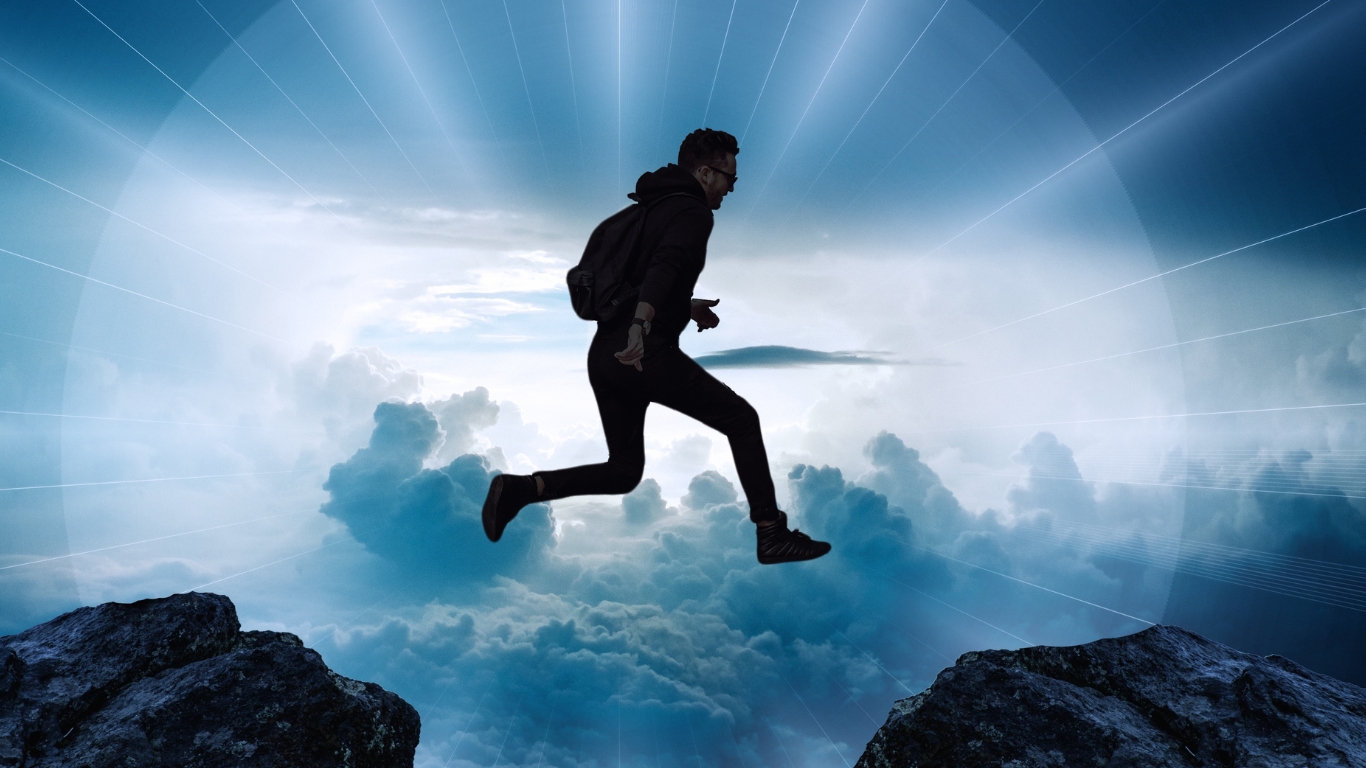 A leap of faith between two cliffs