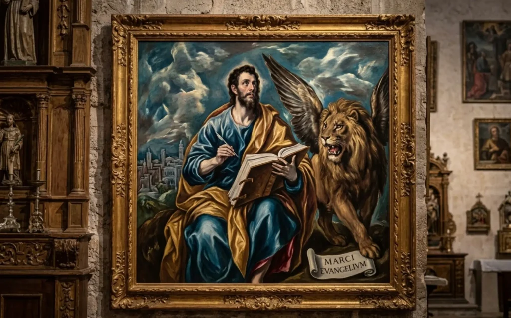 Saint Mark the Evangelist by El Greco. Mark's Gospel is associated with the lion, a symbol of active spiritual force and the immediacy of spiritual awakening.