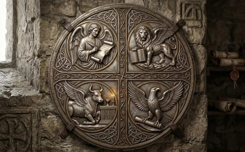 he four symbols of the Evangelists derived from Ezekiel's vision and Revelation the Man (Matthew), the Lion (Mark), the Ox (Luke), and the Eagle (John), representing the four dimensions of the mystical path.