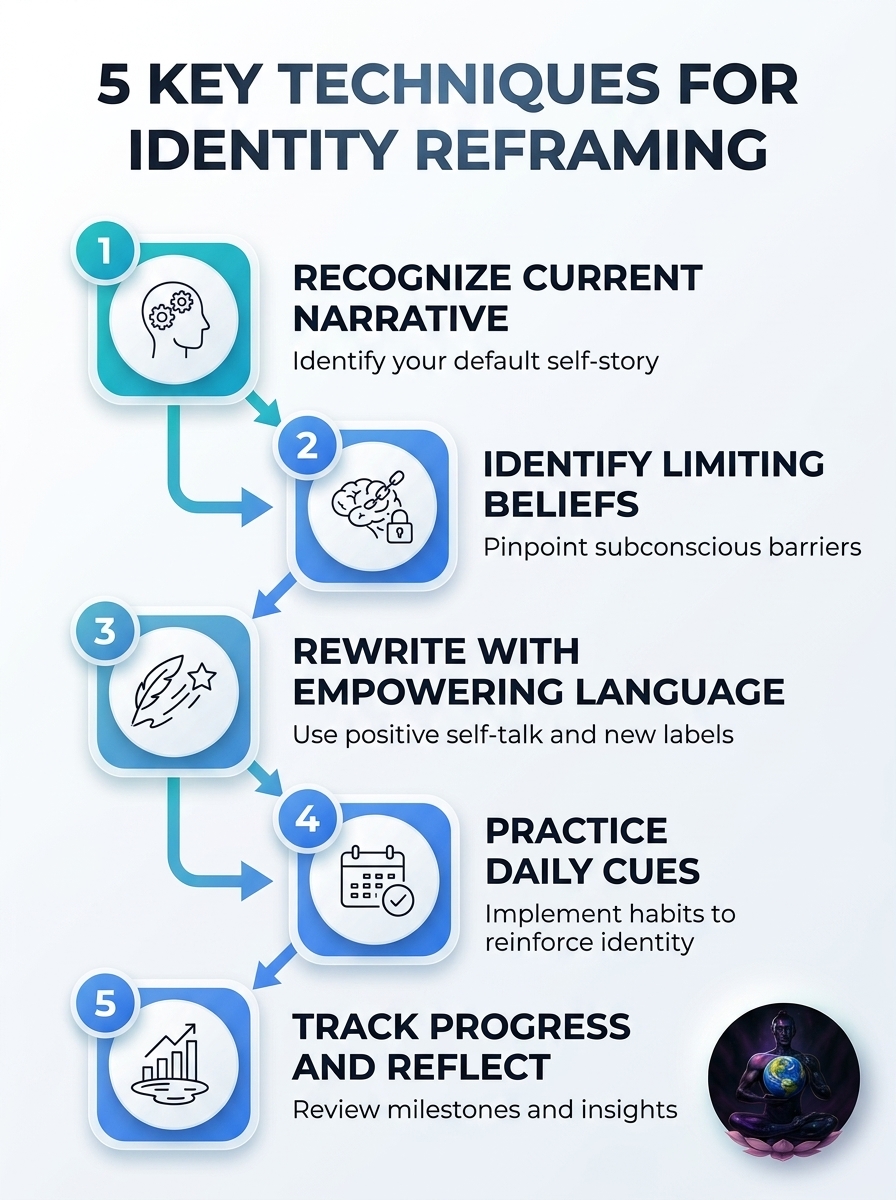 Infographic: Learn Proven Identity Reframing Techniques Today — 5 key techniques for identity reframing.