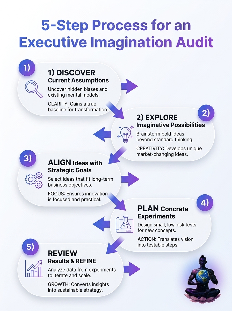 Infographic visualizing a 5-step process for an executive imagination audit (Executive Imagination Audits)