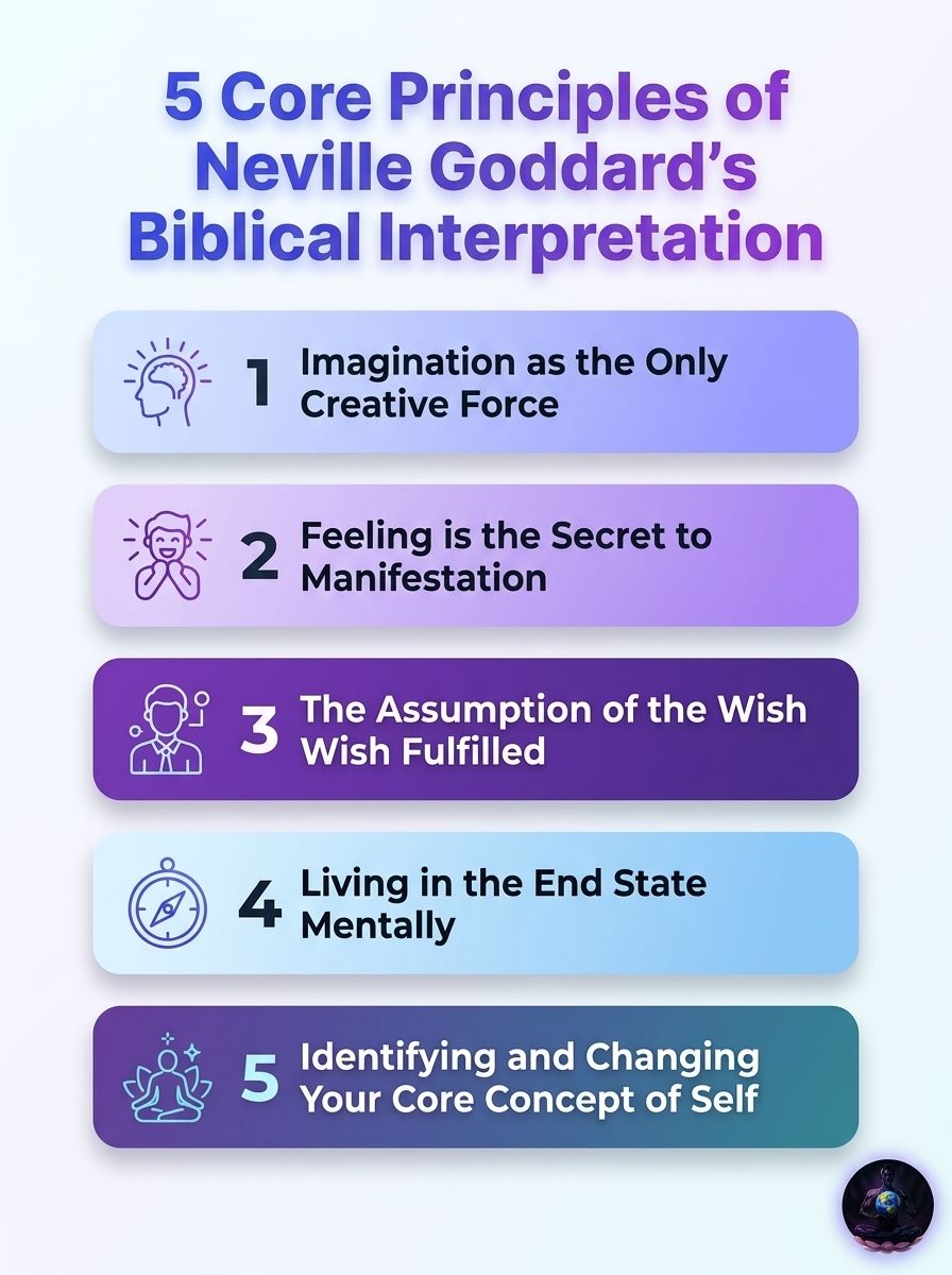 Infographic outlining the 5 core principles of Neville Goddard's biblical interpretation.