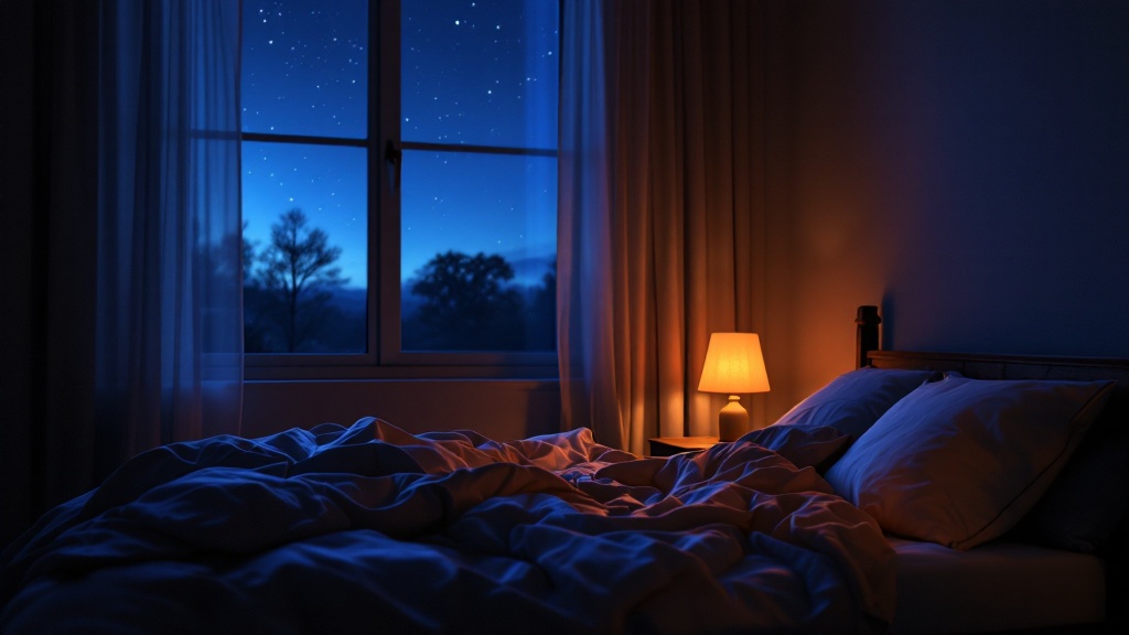 A calm, dimly lit bedroom at night with warm lamp light and a starry window, representing inner stillness and the SATS practice