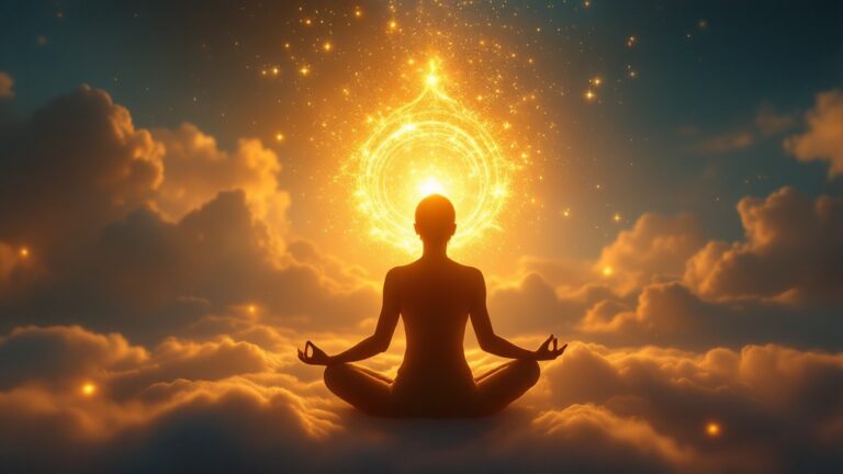 Persona meditando con una escena de deseo cumplido formándose como un sueño vivido sobre ella