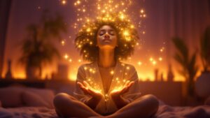 Best exercises for living in the end - woman visualising her desired future with golden light energy