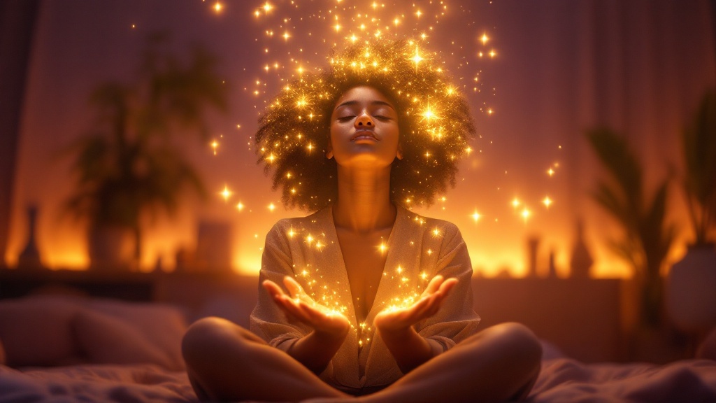 Best exercises for living in the end - woman visualising her desired future with golden light energy