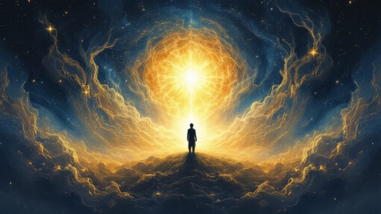 Golden silhouette standing calm amid dissolving shadow, representing courage facing inner fear