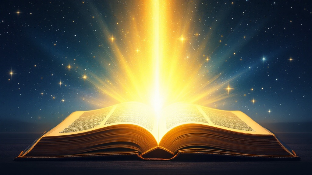 Glowing open book radiating light into a starry night sky