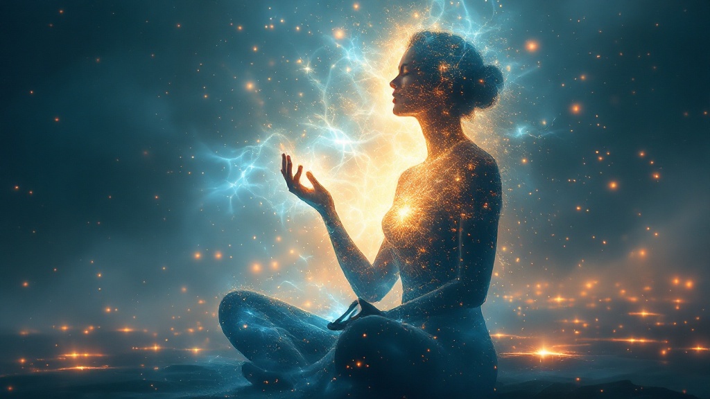 Silueta meditando con luz cósmica representando la transformación de creencias en TrueCosmic