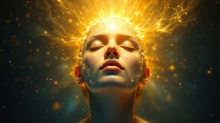 Persona rompiendo una máscara de identidad antigua mientras emerge luz dorada de conciencia interior