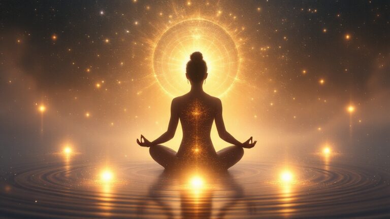 Silueta meditando rodeada de cinco orbes de luz que representan señales de un estado de conciencia en transformación