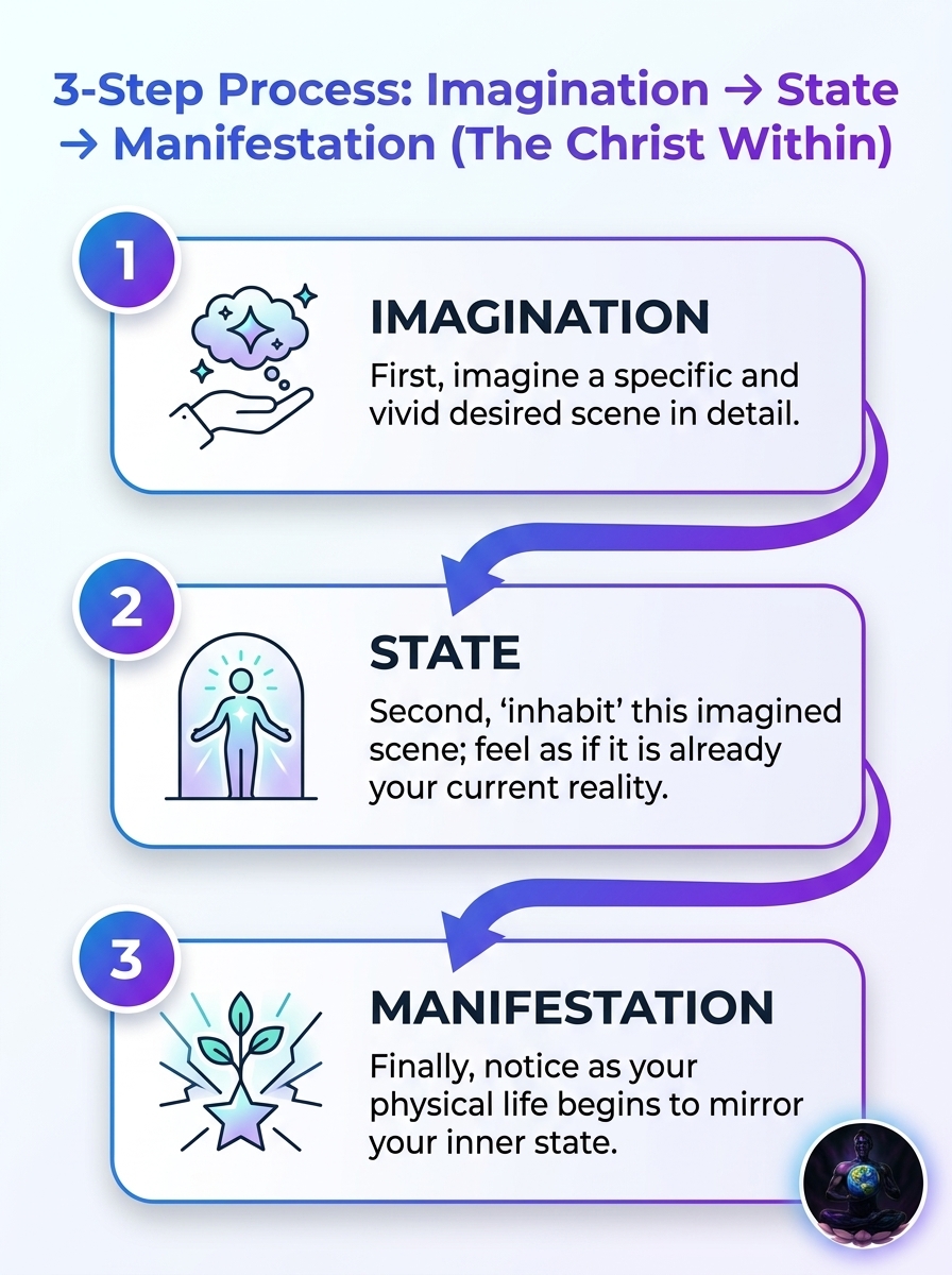 Infographic: 3-step process - Imagination, State, Manifestation; The Christ Within and the human imagination explained simply.