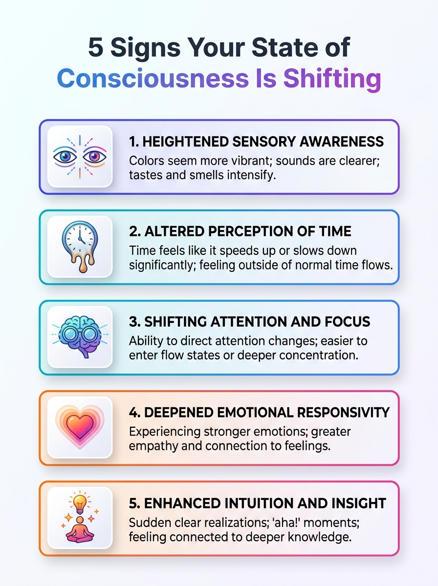 Infographic visualizing 5 signs your state of consciousness is shifting and how awareness evolves.