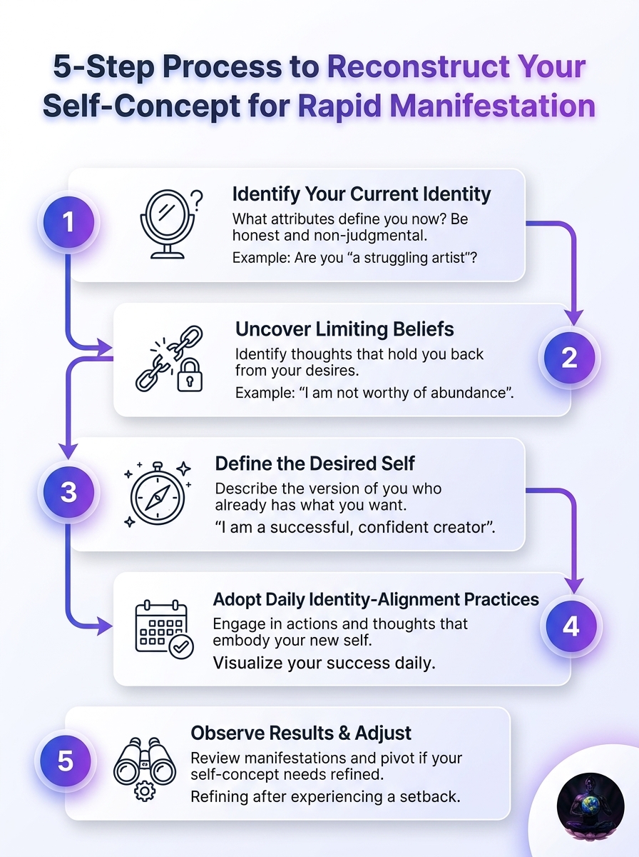 5-step infographic: Best Ways to Reconstruct Your Self-Concept for Rapid Manifestation.