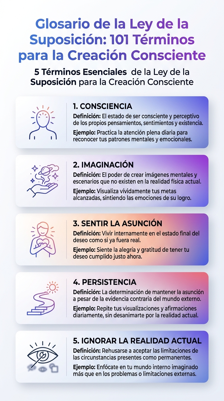 Infografía del Glosario de la Ley de la Suposición: 101 términos para la creación consciente, con 5 términos esenciales.