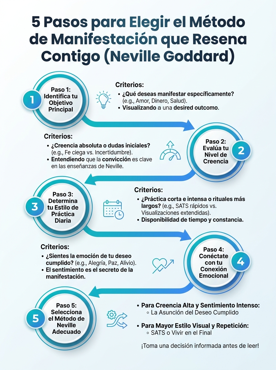 Infografía: 5 pasos para elegir el método de manifestación correcto según Neville Goddard.