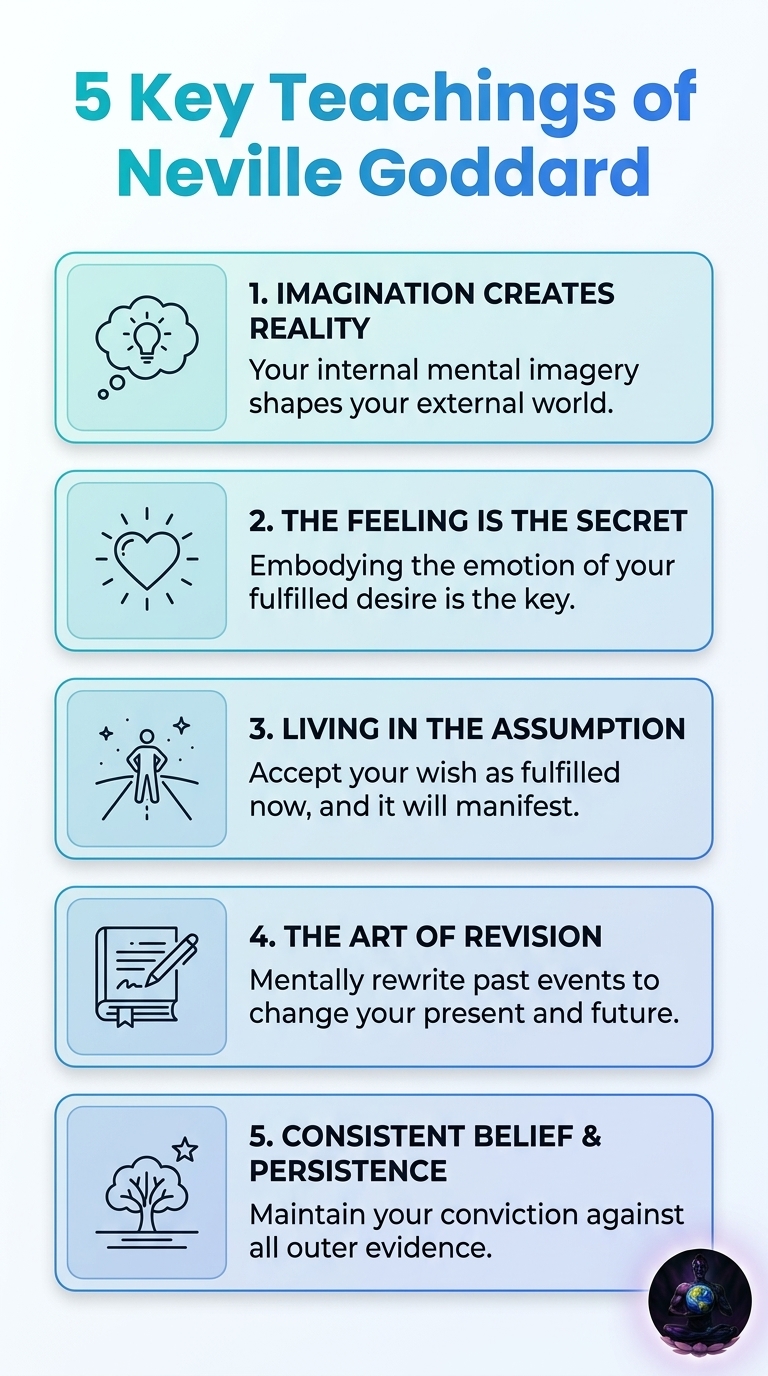 Infographic showing Neville Goddard's 5 key teachings, including who he was, his books, techniques, and biography.