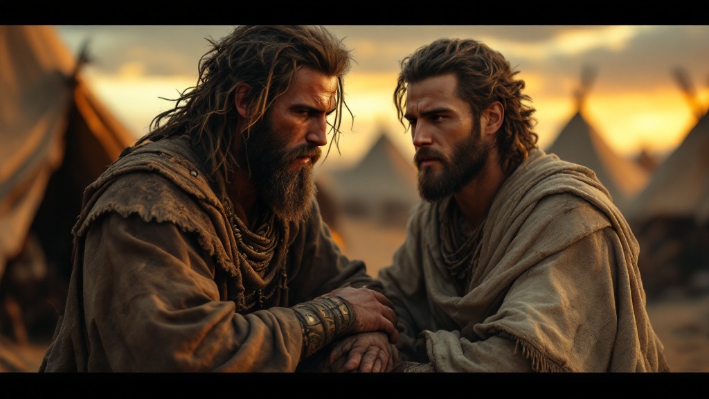 Esau and Jacob, two brothers representing the outer world and the imagination, in a biblical era encampment at dusk