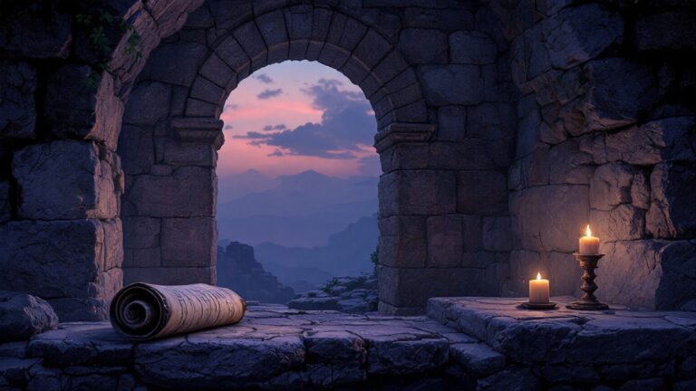 Ancient temple archway with scroll, Christ consciousness and Christianity