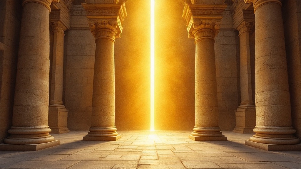 Ancient temple pillars united by light symbolizing Jesus Christ and God