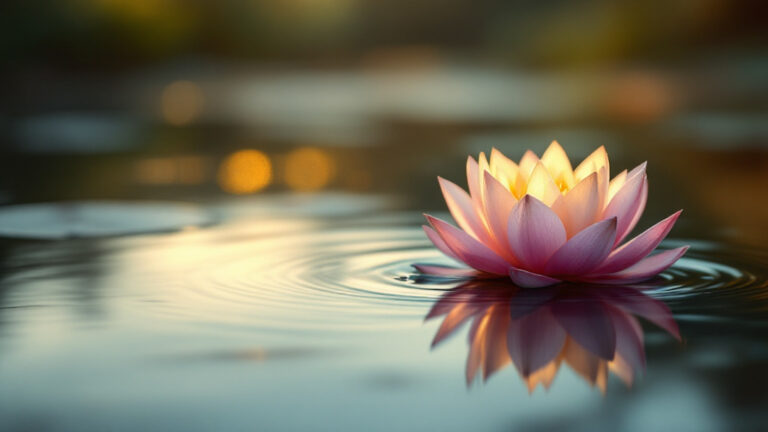 Lotus flower floating on still water at dawn, symbolizing a calmer steadier mind
