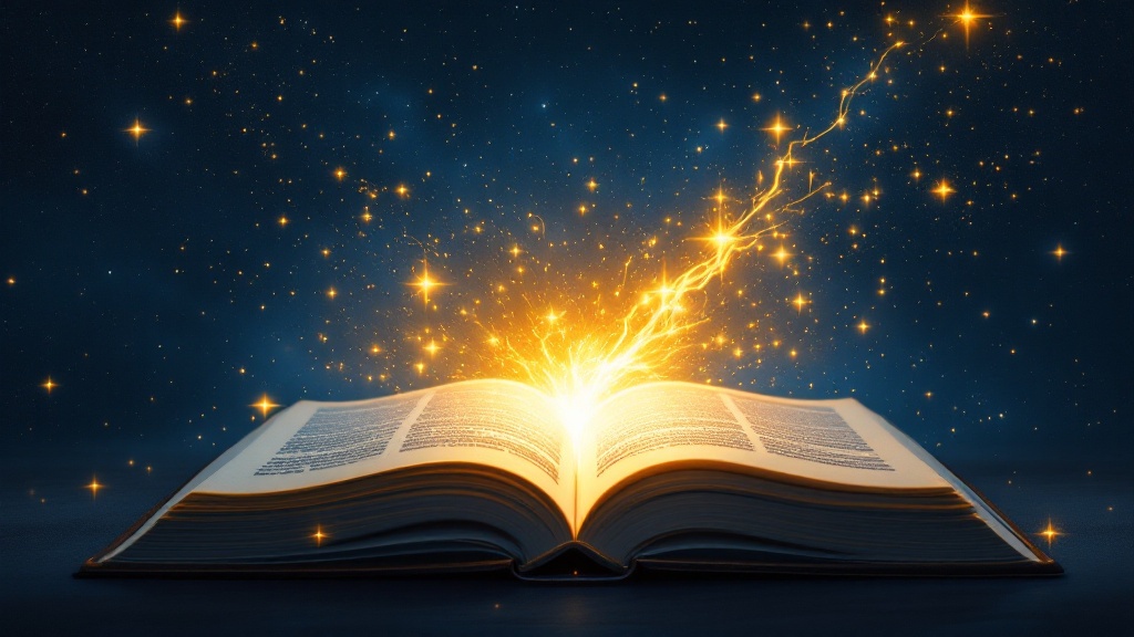 Glowing open journal with golden light flowing into a starlit sky