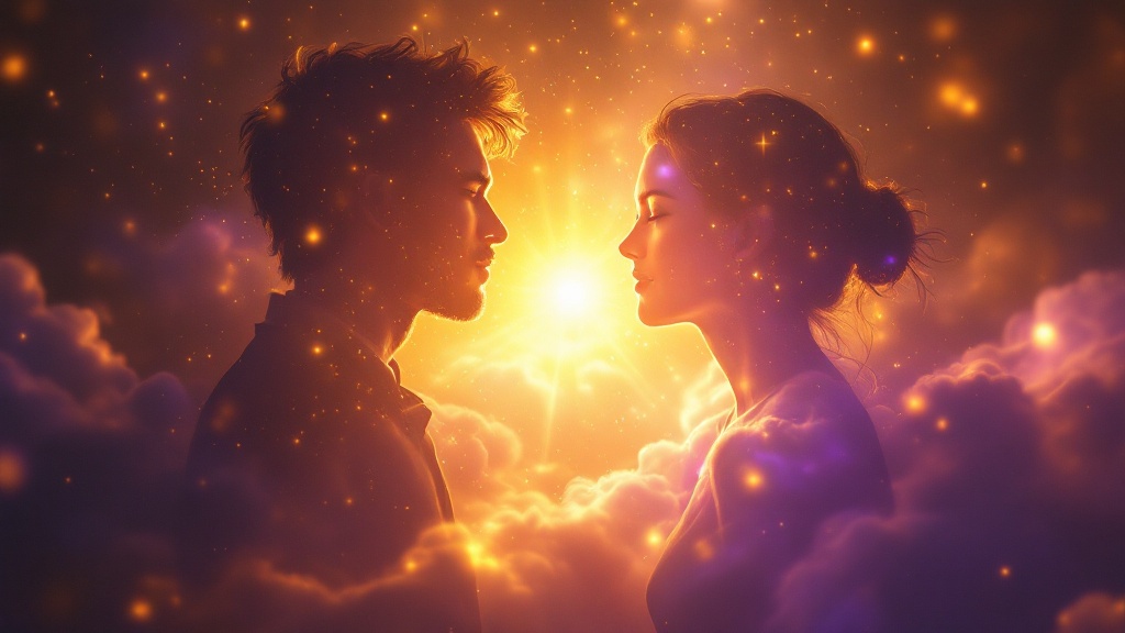 Two glowing silhouettes representing a coach guiding a student toward inner awakening