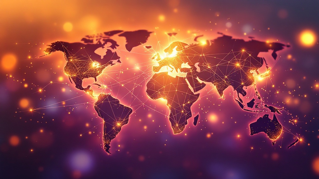 Glowing network of light connecting distant points, representing online coaching connection