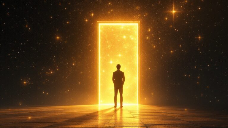 Figure standing in glowing doorway symbolizing living from the end