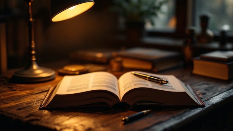 Open vintage hardback book glowing under warm lamp light, symbolic imagery for Margaret Ruth Broome author feature
