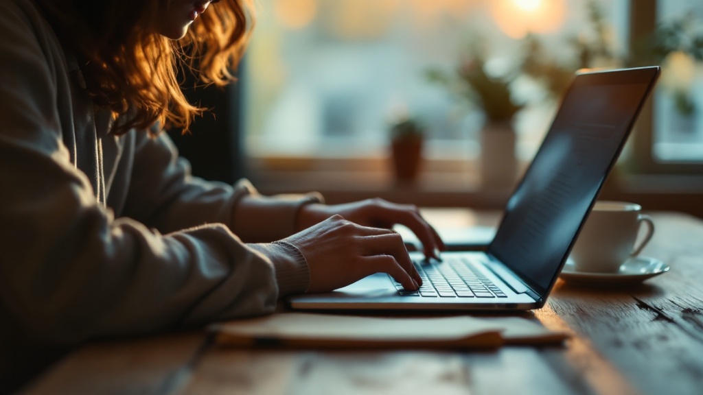 A writer typing at a desk, contributing an article for TrueCosmic