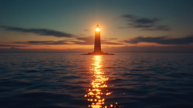 A lighthouse beam steady over water, symbolizing sustained mental occupation