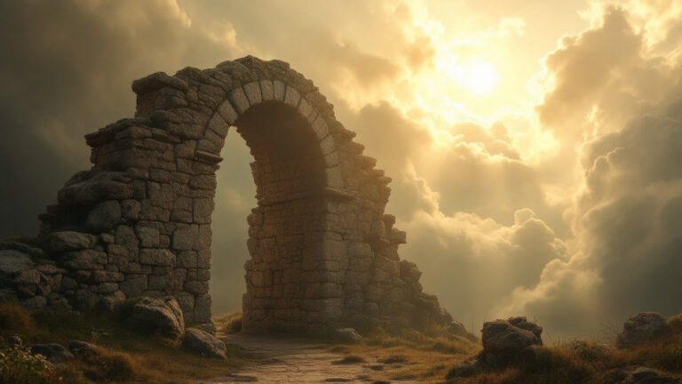 Light breaking through clouds over an ancient archway, symbolizing the internal Christ
