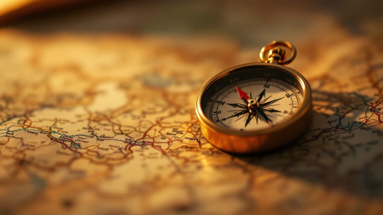 A compass resting on an open map, symbolizing structured technical manifestation coaching