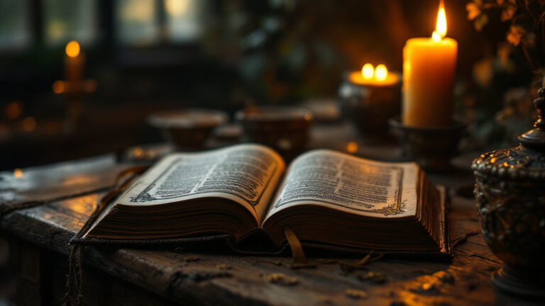 An old leather bound book by candlelight, symbolizing Hermetic wisdom