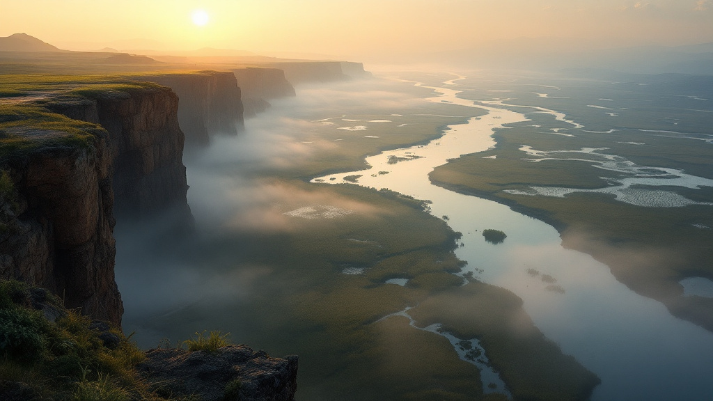 A river delta at sunrise whose many channels flow from one body of water