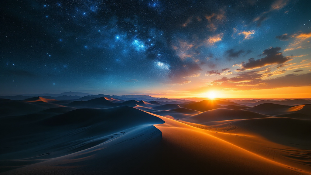 A desert where starry night meets blazing sunrise across the sky