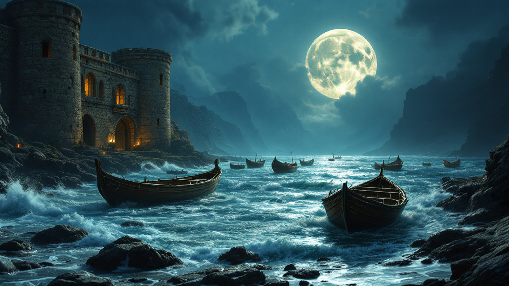 The tide flowing into an ancient stone harbour under a full moon