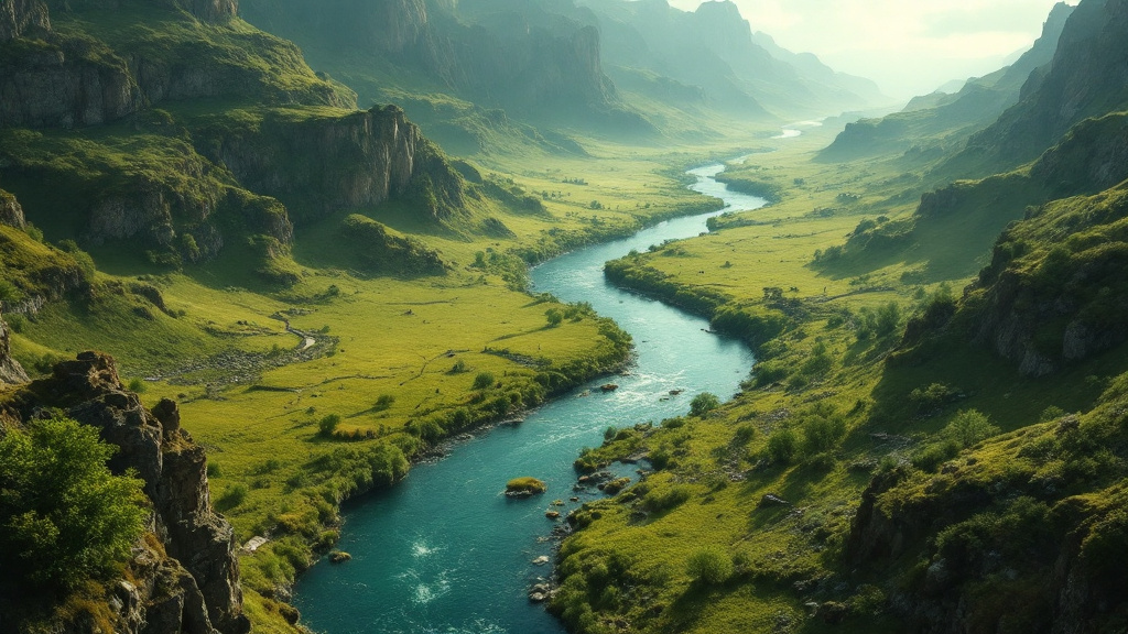 Two rivers of different colours merging into one stream in an ancient valley