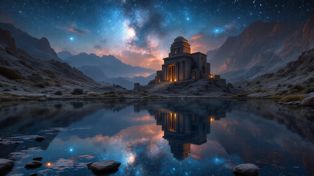 A still lake perfectly mirroring a starry sky and an ancient stone temple