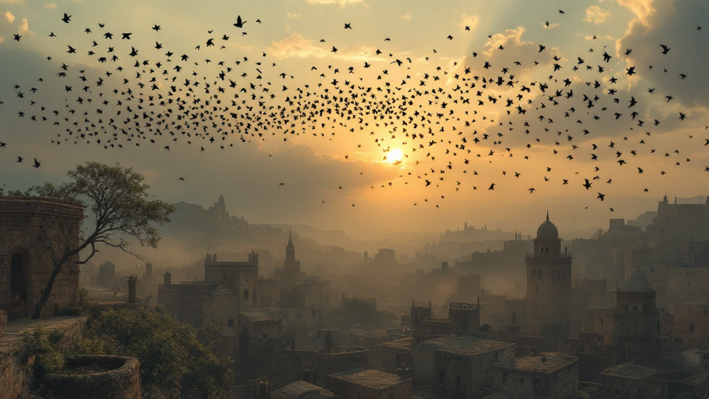 Swallows gathering into one sweeping formation over an old stone town at golden hour