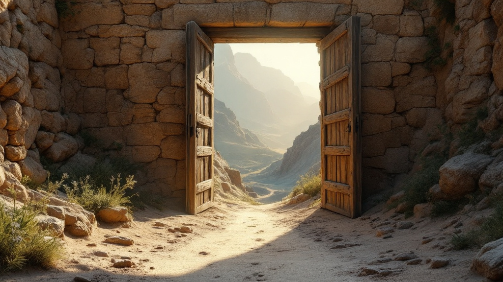 An open gate in an ancient wall with a sunlit path just beginning beyond it