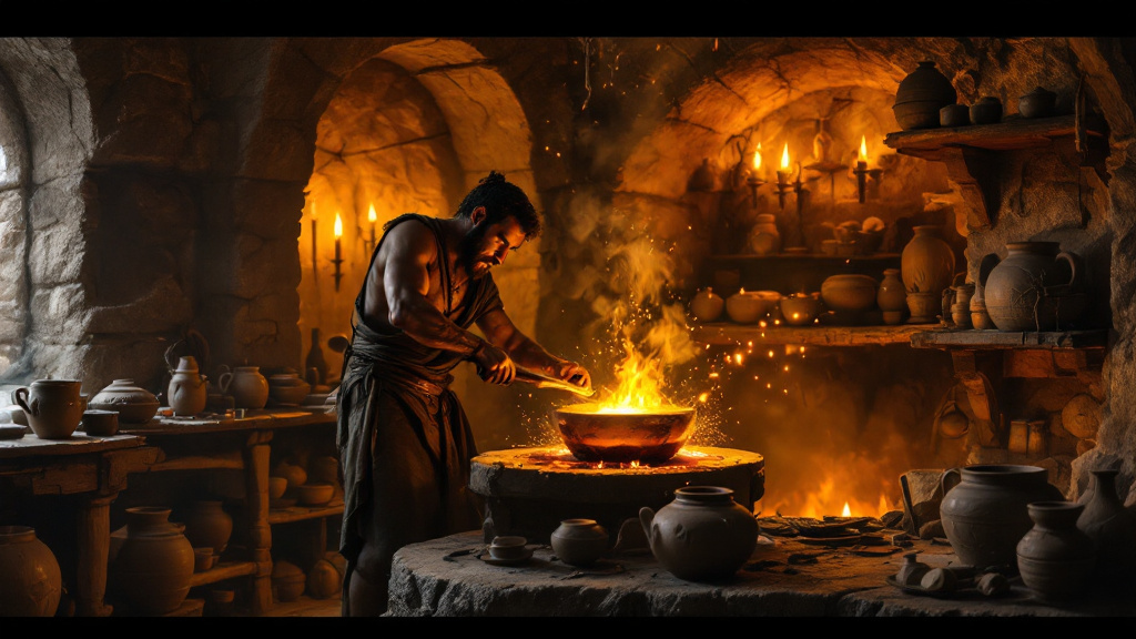 Molten metal glowing gold as it is poured from a crucible in an ancient workshop