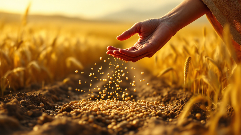 Seed being sown in a ploughed field beside the same field ripe with golden wheat