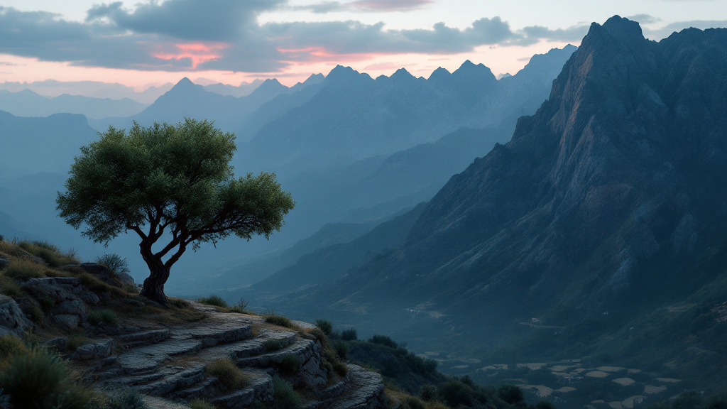 A lone olive tree set against a vast mountain range at dusk