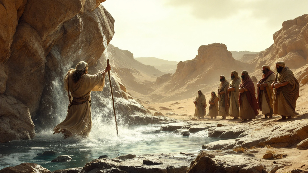 Moses strikes the rock in Horeb and water flows out