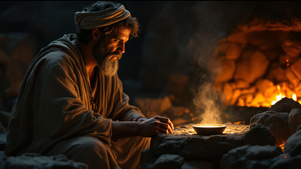 The prophet Malachi watches lead turning to gold in a refiner's furnace