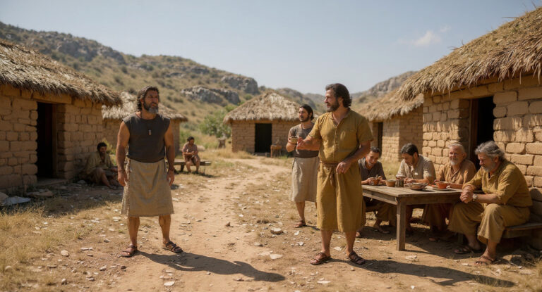 As in the days of Noah: villagers feast while Noah builds the ark under a clear sky